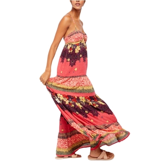 Free People Pink Multicolor Give A Little Bohemian Floral Maxi Dress Size Medium - Picture 3 of 13